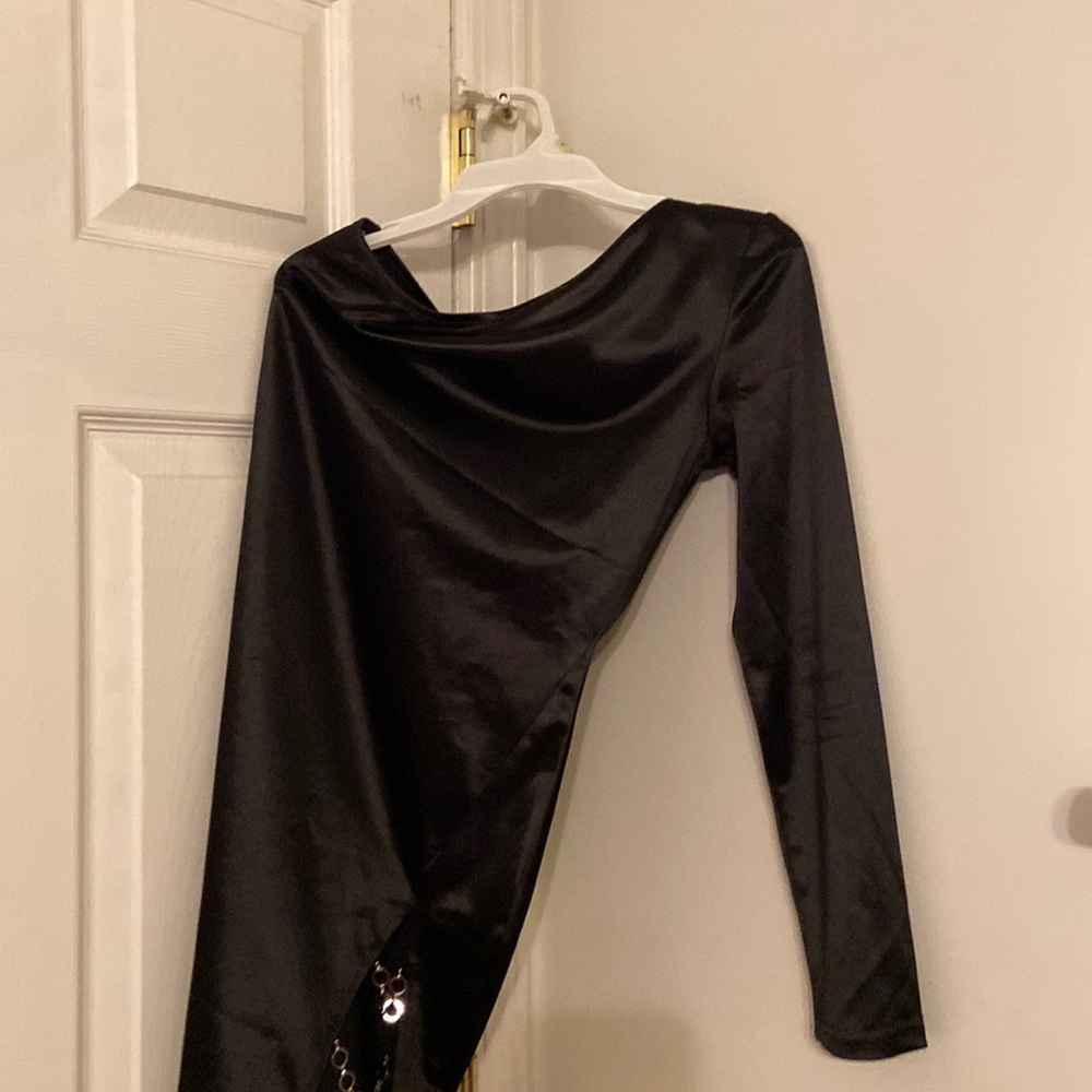 Black one sleeve dress with silver chains on one leg